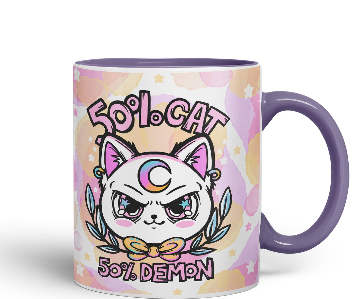Vixar 50% Cat 50% Demon Cute cat Lovers, Kawaii Joke Coloured Ceramic Mug Cup Gift 330ml 11oz Work Office Tea Coffee