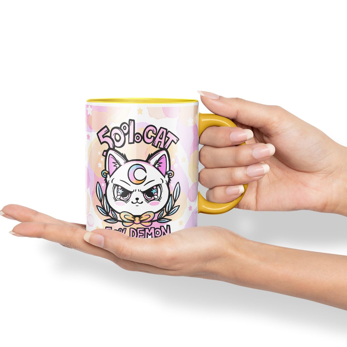 Vixar 50% Cat 50% Demon Cute cat Lovers, Kawaii Joke Coloured Ceramic Mug Cup Gift 330ml 11oz Work Office Tea Coffee