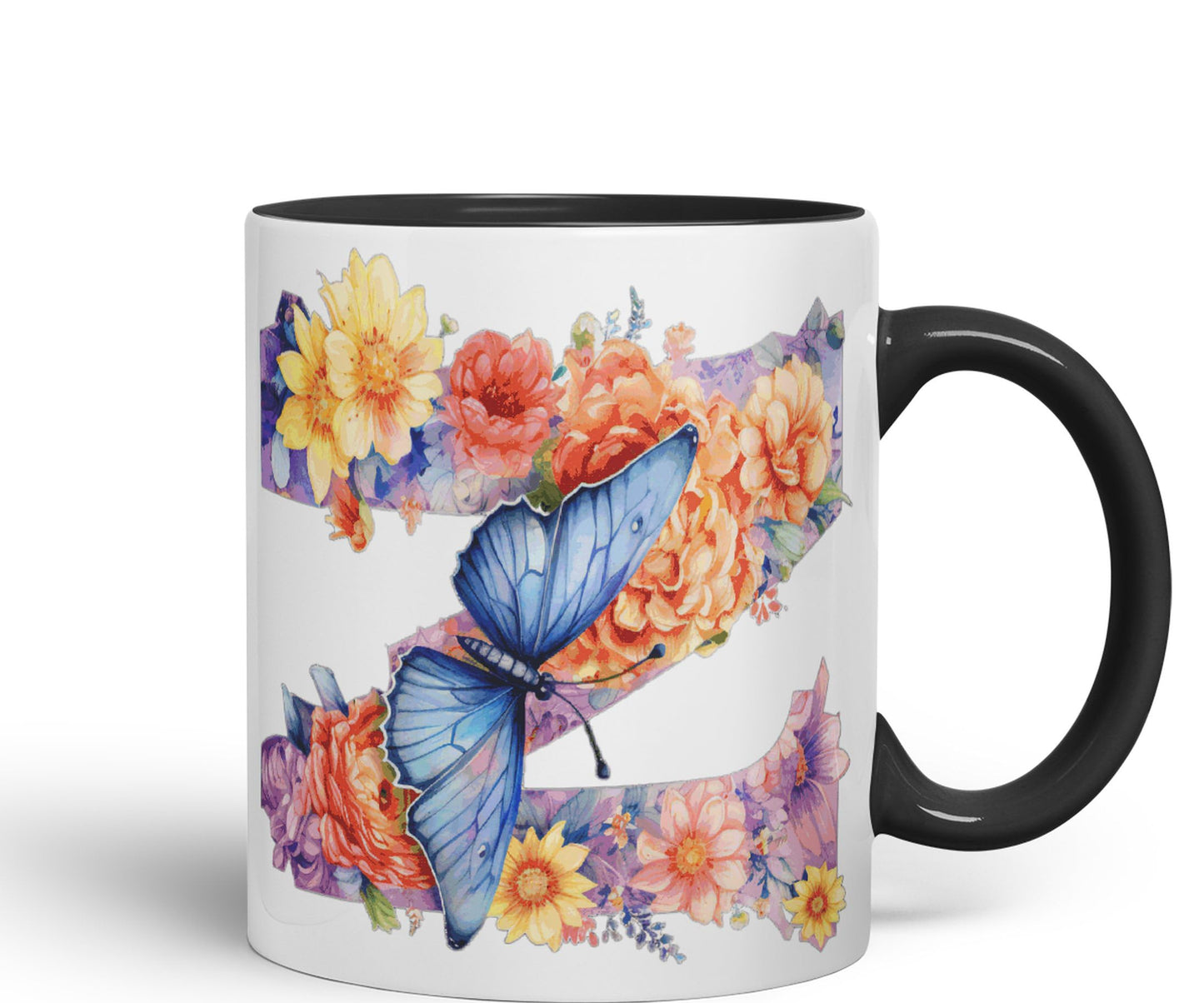 Letter Z mug, Floral flowers butterfly Alphabet Letter Z Monogram watercolour Ceramic Coloured Mug Cup for Tea Coffee Hot brew 330ml 11Oz Gift