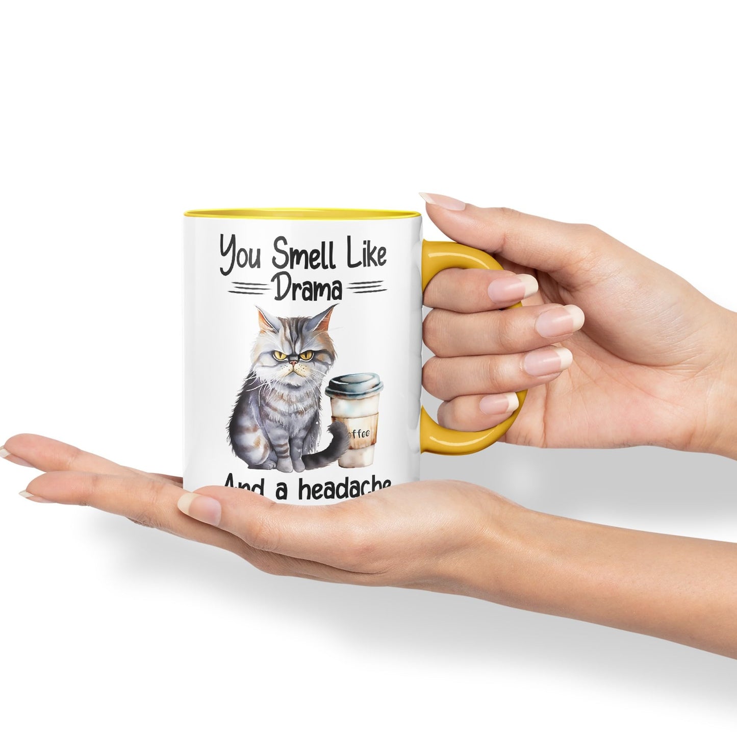 You Smell Like Drama and a Headache Cat Sarcastic Joke Ceramic Coloured Mug Cup for Tea Coffee Hot Brew 330ml 11Oz