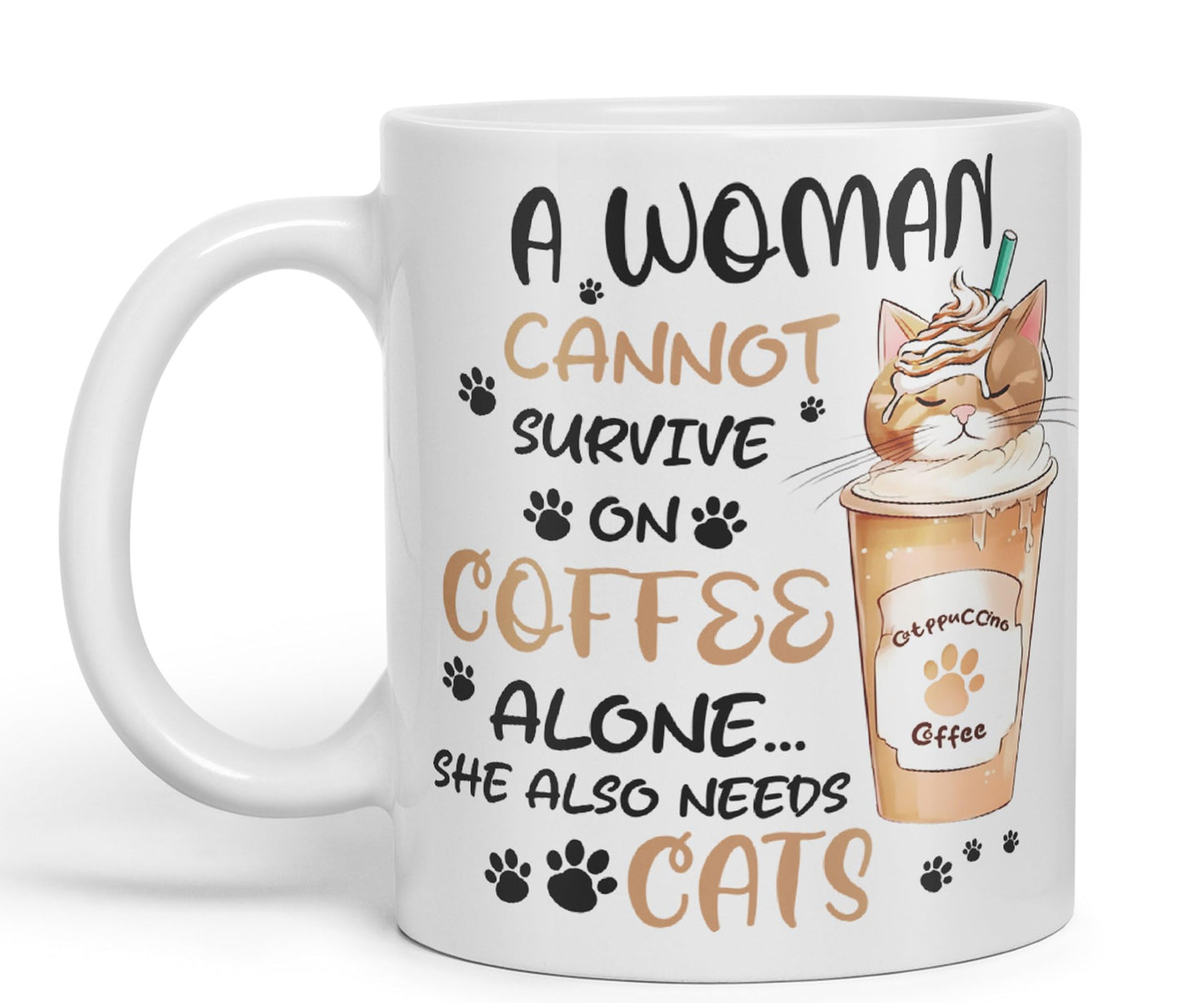 Vixar A Woman Cannot Survive on Coffee Cats Sarcastic Joke Ceramic Coloured Mug Cup for Tea Coffee Hot Brew 330ml 11Oz