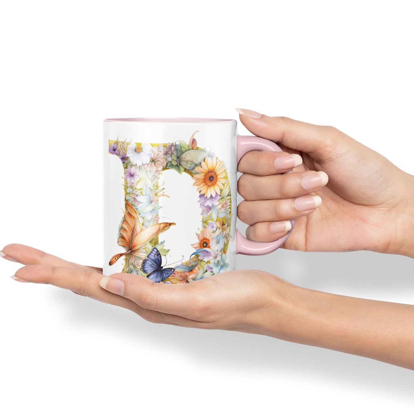 Letter D mug, Floral flowers butterfly Alphabet Letter D Monogram watercolour Ceramic Coloured Mug Cup for Tea Coffee Hot brew 330ml 11Oz Gift