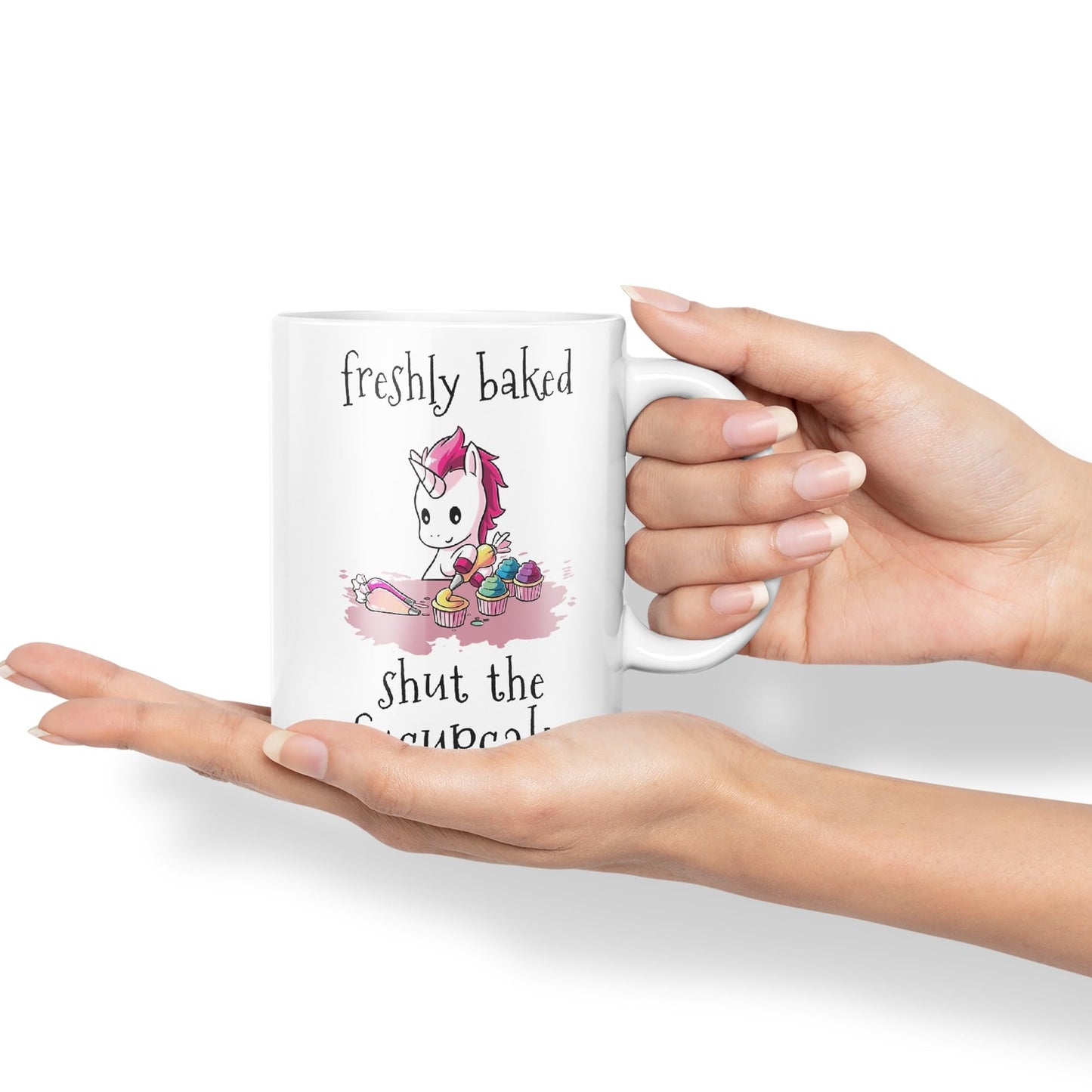 Freshly Baked, Shut The fucupcakes, Unicorn Sarcastic Joke Ceramic Coloured Mug Cup for Tea Coffee Hot Brew 330ml 11Oz