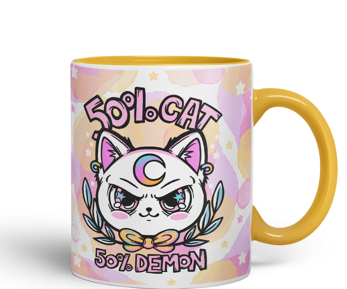 Vixar 50% Cat 50% Demon Cute cat Lovers, Kawaii Joke Coloured Ceramic Mug Cup Gift 330ml 11oz Work Office Tea Coffee