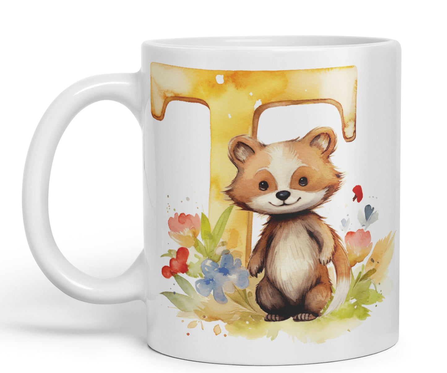 Letter T mug, Animals Alphabet Letter T Monogram animal for kids Ceramic Coloured Mug Cup for Tea Coffee Hot brew 330ml 11Oz Gift