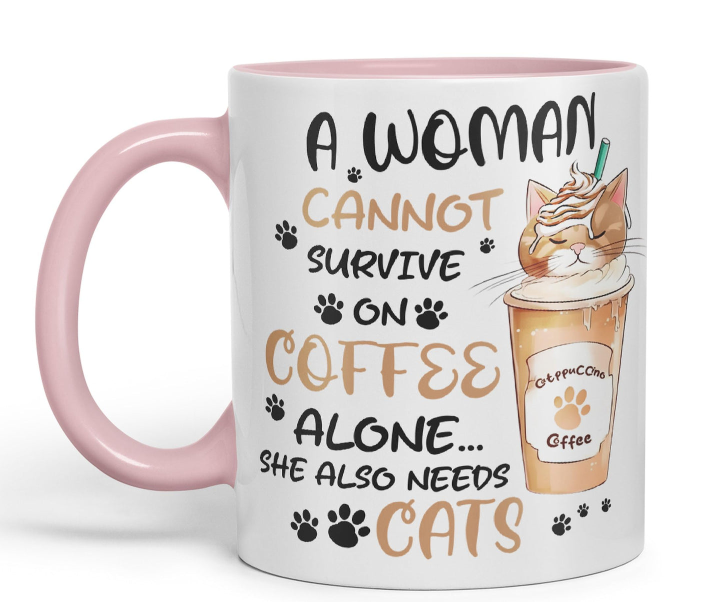 Vixar A Woman Cannot Survive on Coffee Cats Sarcastic Joke Ceramic Coloured Mug Cup for Tea Coffee Hot Brew 330ml 11Oz