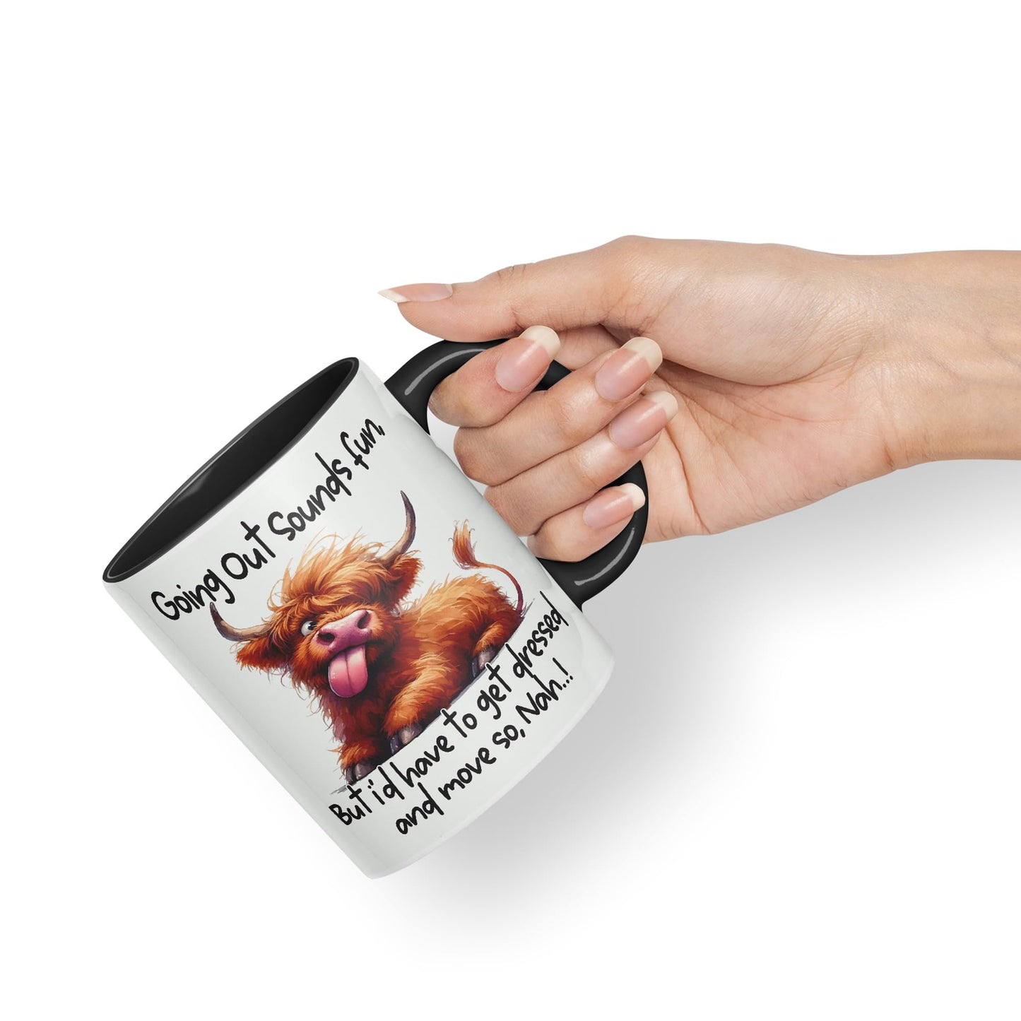 Going Out Sound Fun, Bute I'd Have to get Dressed and Move so, Nah…! Cow Highland Joke sarkasm Sarcastic Ceramic Coloured Mug Cup for Tea Coffee Hot Brew 330ml 11Oz Gift