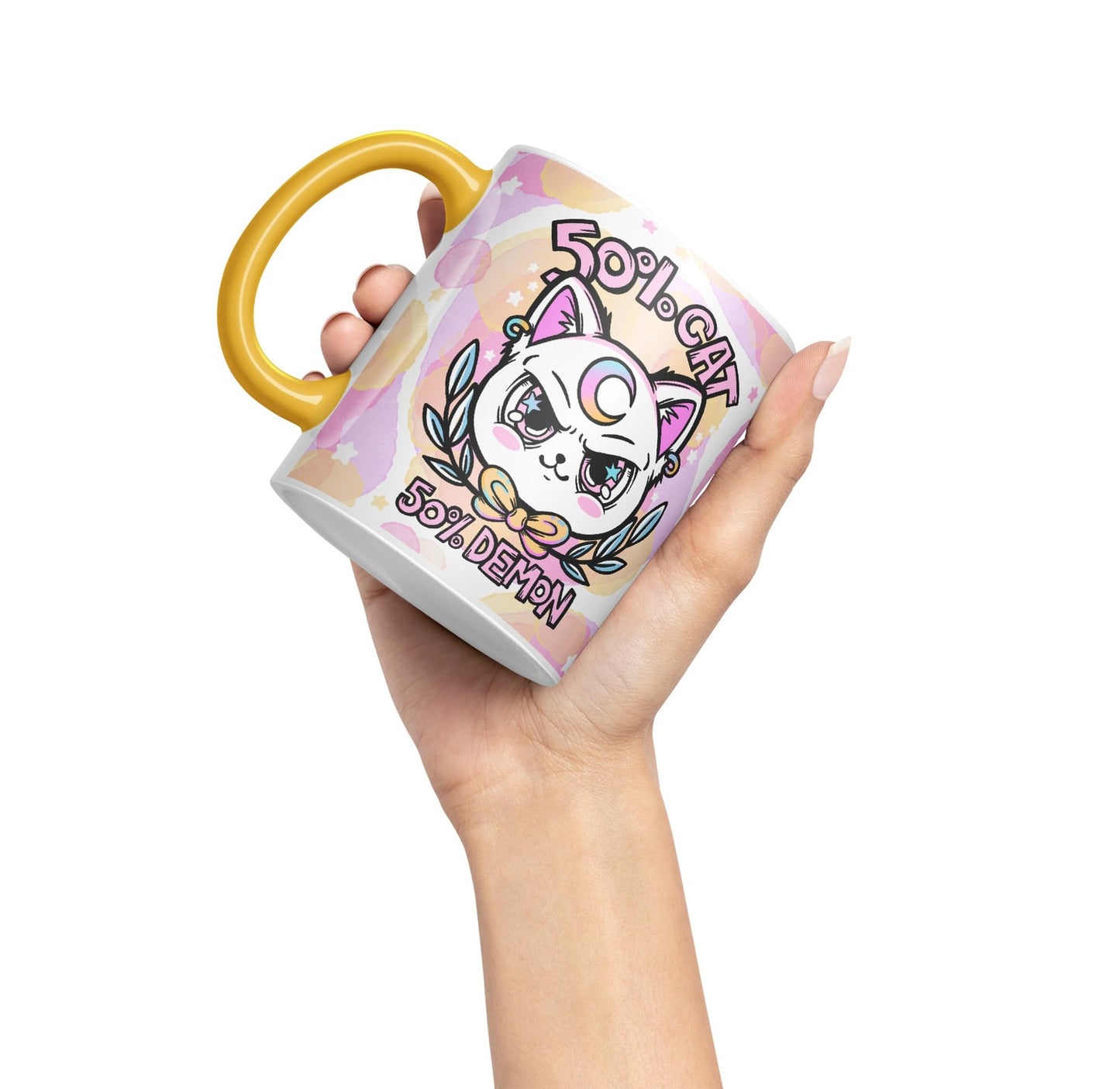 Vixar 50% Cat 50% Demon Cute cat Lovers, Kawaii Joke Coloured Ceramic Mug Cup Gift 330ml 11oz Work Office Tea Coffee