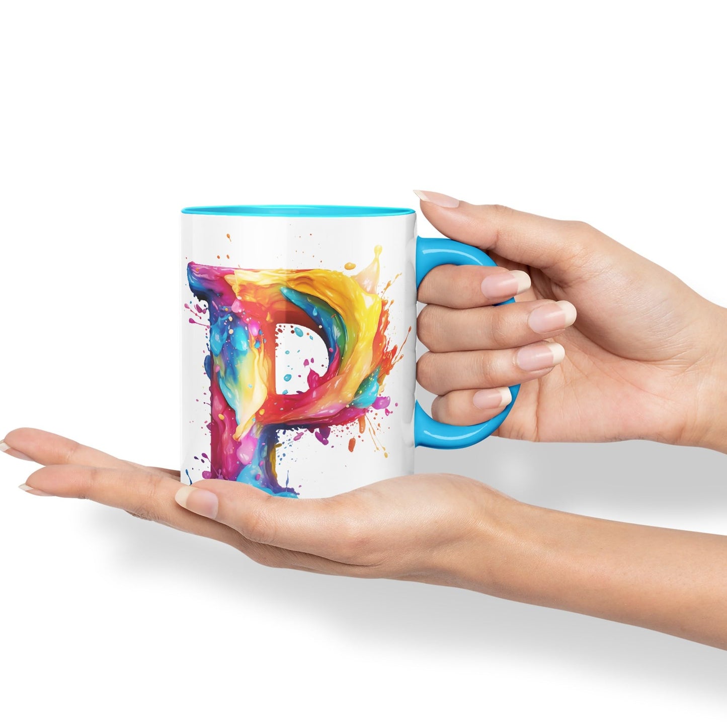 Letter P mug, Alphabet Letter P Monogram watercolour Ceramic Coloured Mug Cup for Tea Coffee Hot brew 330ml 11Oz Gift