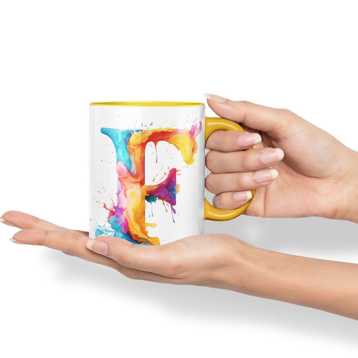 Letter F mug, Alphabet Letter F Monogram watercolour Ceramic Coloured Mug Cup for Tea Coffee Hot brew 330ml 11Oz Gift