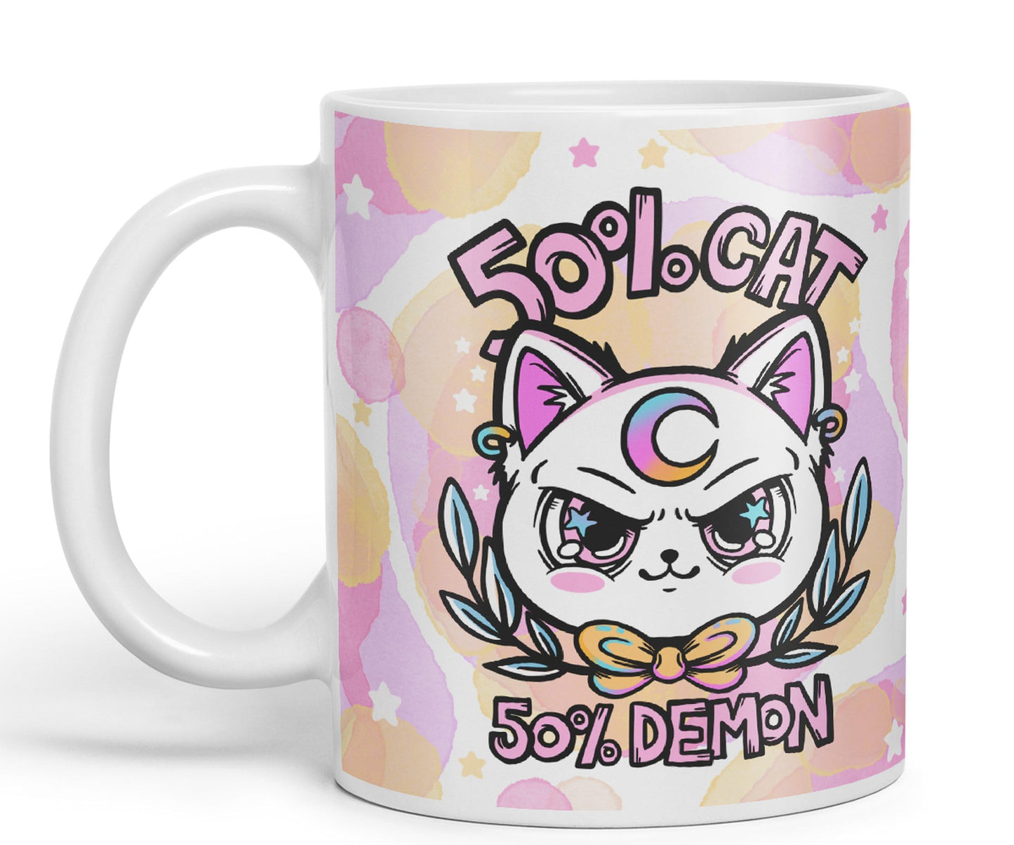 Vixar 50% Cat 50% Demon Cute cat Lovers, Kawaii Joke Coloured Ceramic Mug Cup Gift 330ml 11oz Work Office Tea Coffee