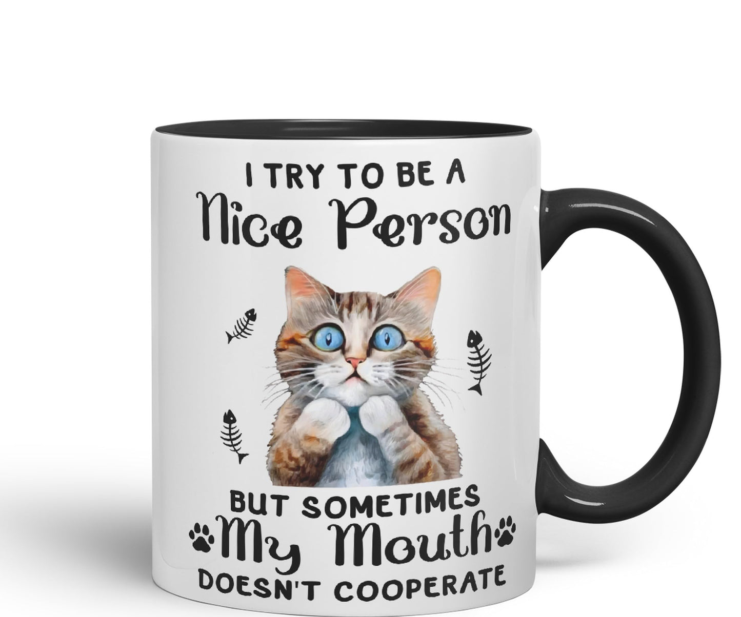 Vixar I Try to be a Nice Person but Sometimes My Mouth .. Cats Sarcastic Joke Ceramic Coloured Mug Cup for Tea Coffee Hot Brew 330ml 11Oz