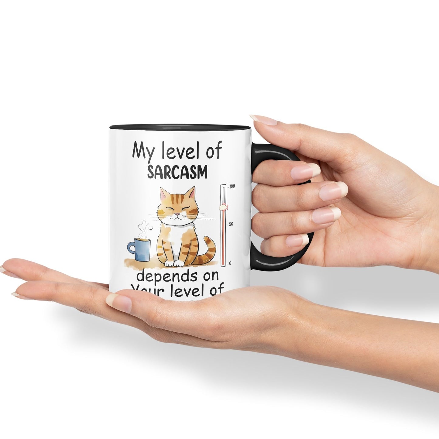 My Level of Sarcasm Depends on Your Level of Stupidity Cat Joke Ceramic Coloured Mug Cup for Tea Coffee Hot Brew 330ml 11Oz