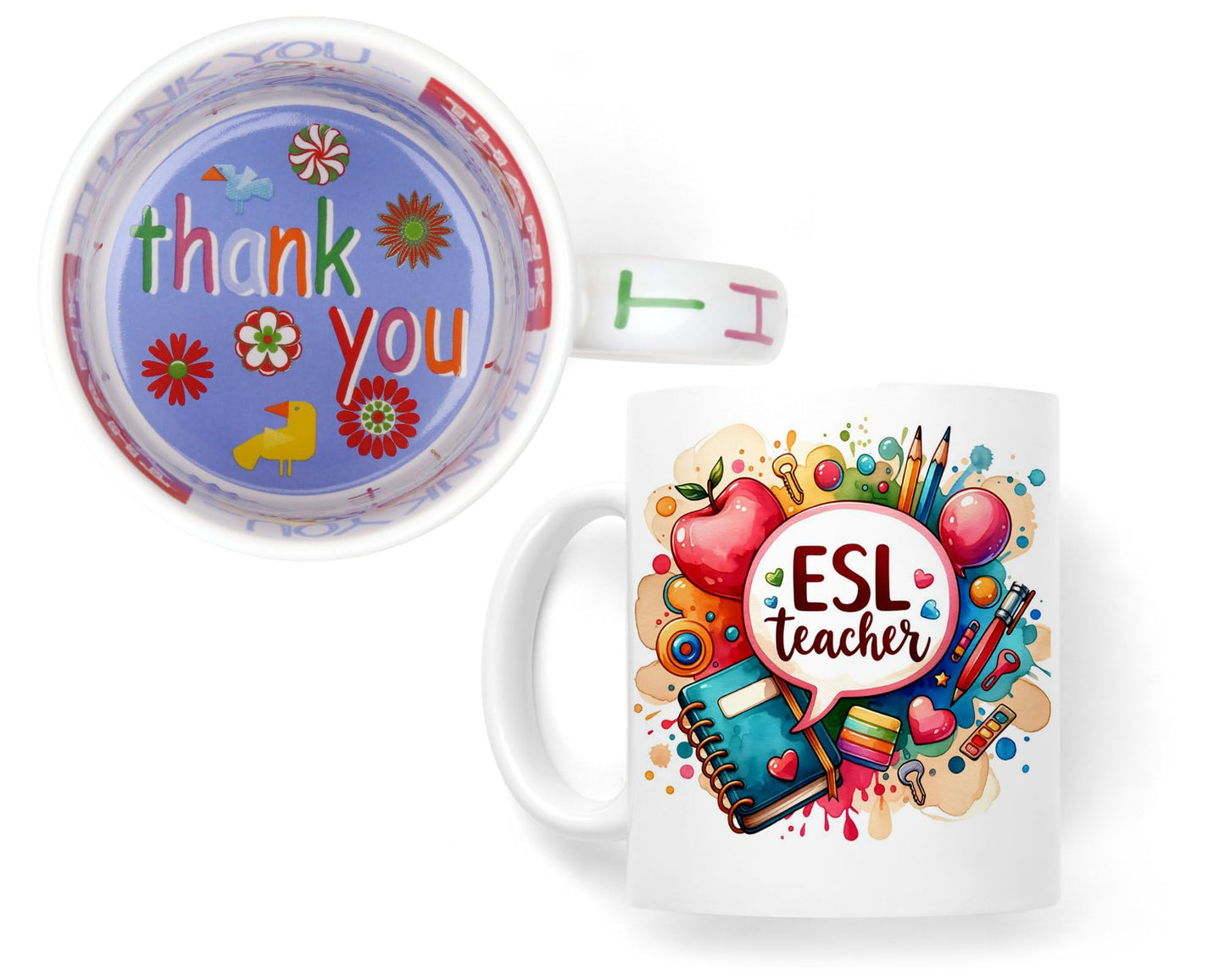 Vixar ESL Teacher Mug Thank You, End of School Gift Ceramic Coloured Mug Cup for Tea Coffee Hot Brew 330ml 11Oz Gift