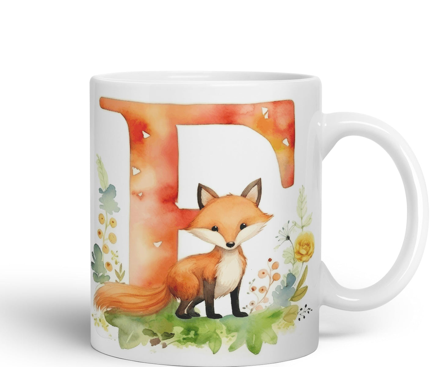 Letter F mug, Animals Alphabet Letter F Monogram animal for kids Ceramic Coloured Mug Cup for Tea Coffee Hot brew 330ml 11Oz Gift