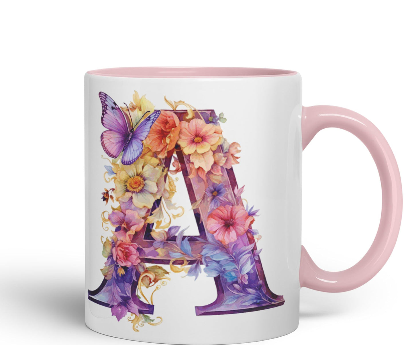 Letter A mug, Floral flowers butterfly Alphabet Letter A Monogram watercolour Ceramic Coloured Mug Cup for Tea Coffee Hot brew 330ml 11Oz Gift