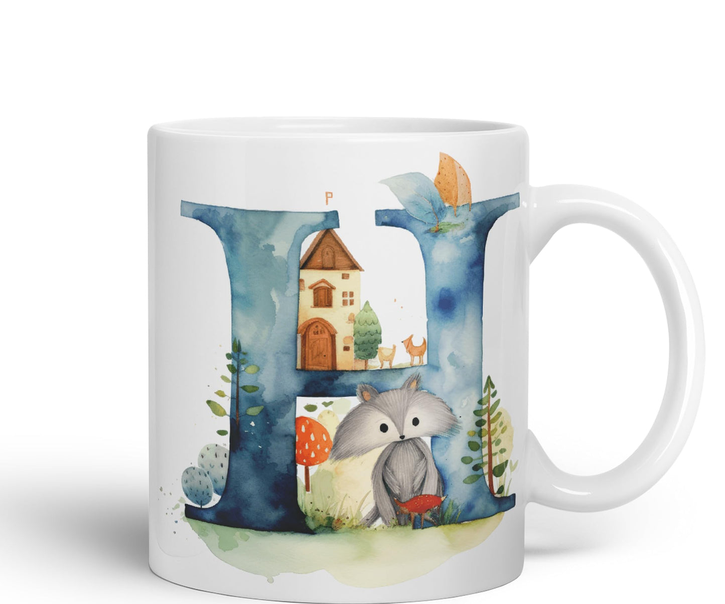 Letter H mug, Animals Alphabet Letter H Monogram animal for kids Ceramic Coloured Mug Cup for Tea Coffee Hot brew 330ml 11Oz Gift