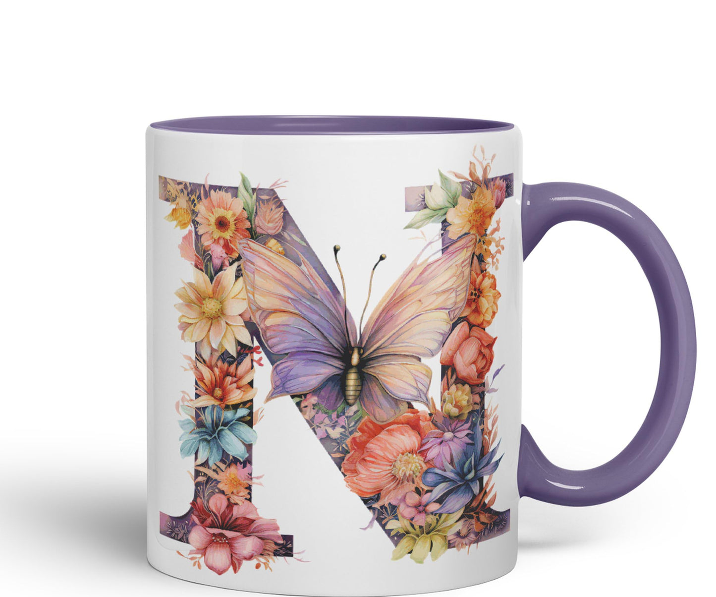 Letter N mug, Floral flowers butterfly Alphabet Letter N Monogram watercolour Ceramic Coloured Mug Cup for Tea Coffee Hot brew 330ml 11Oz Gift