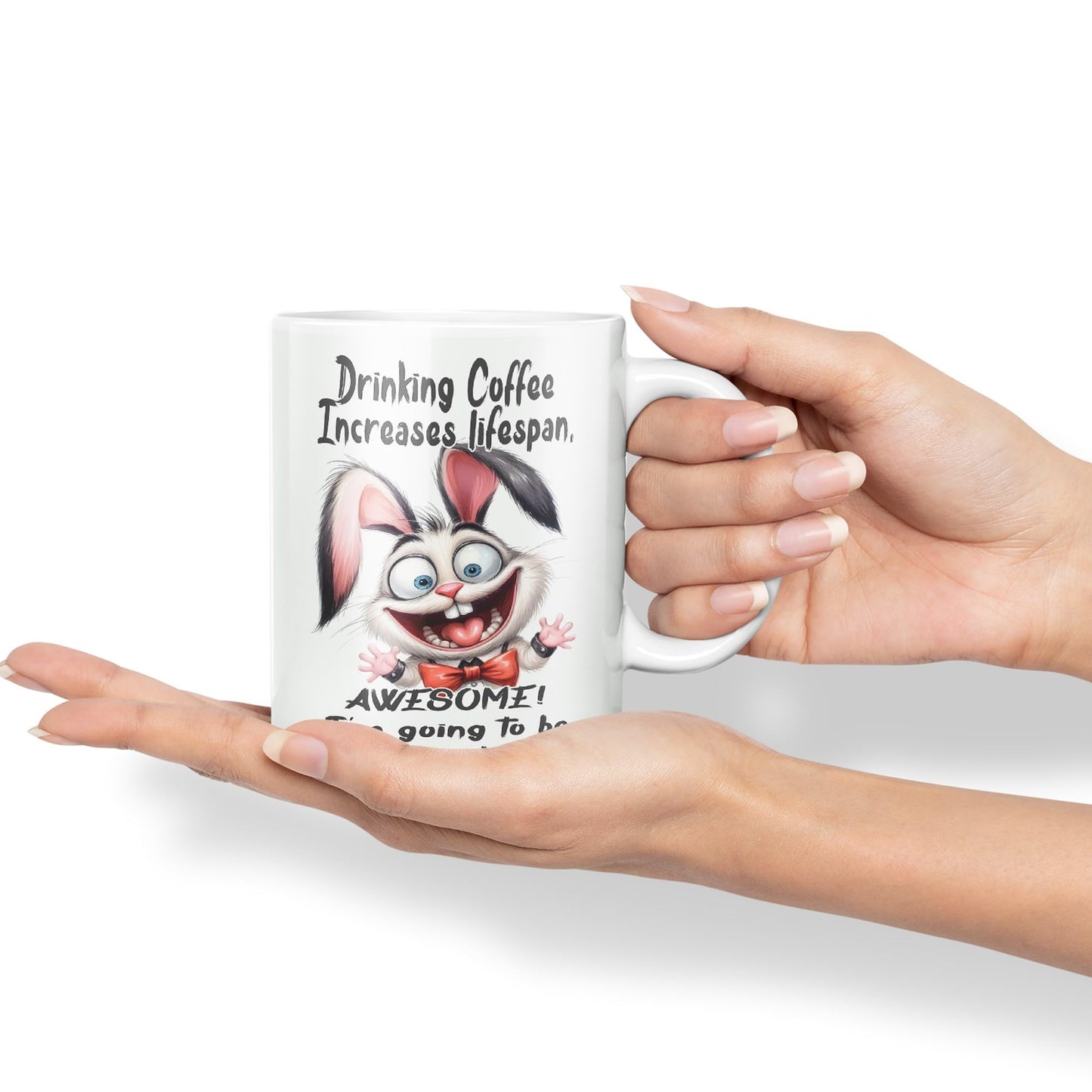 Drinking Coffee Increases lifespan Awesome! I'm Going to be Immortal, Rabbit Hare Joke sarkasm Sarcastic Ceramic Coloured Mug Cup for Tea Coffee Hot Brew 330ml 11Oz Gift