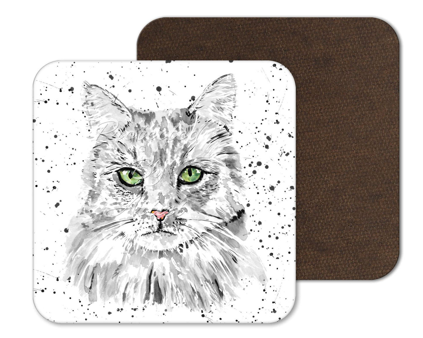 Coaster Cat Black white Green eyes Feline Pet Animals Coasters Watercolour Art Gift Work Office Dining Tea coffee
