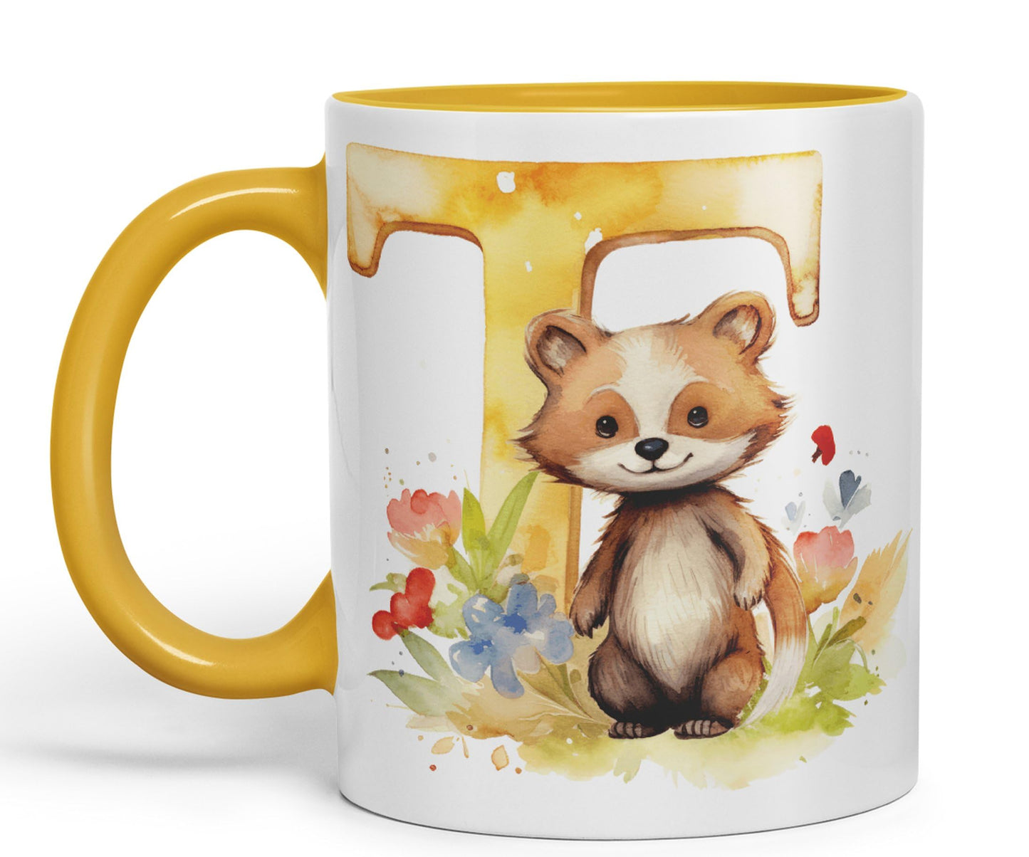 Letter T mug, Animals Alphabet Letter T Monogram animal for kids Ceramic Coloured Mug Cup for Tea Coffee Hot brew 330ml 11Oz Gift