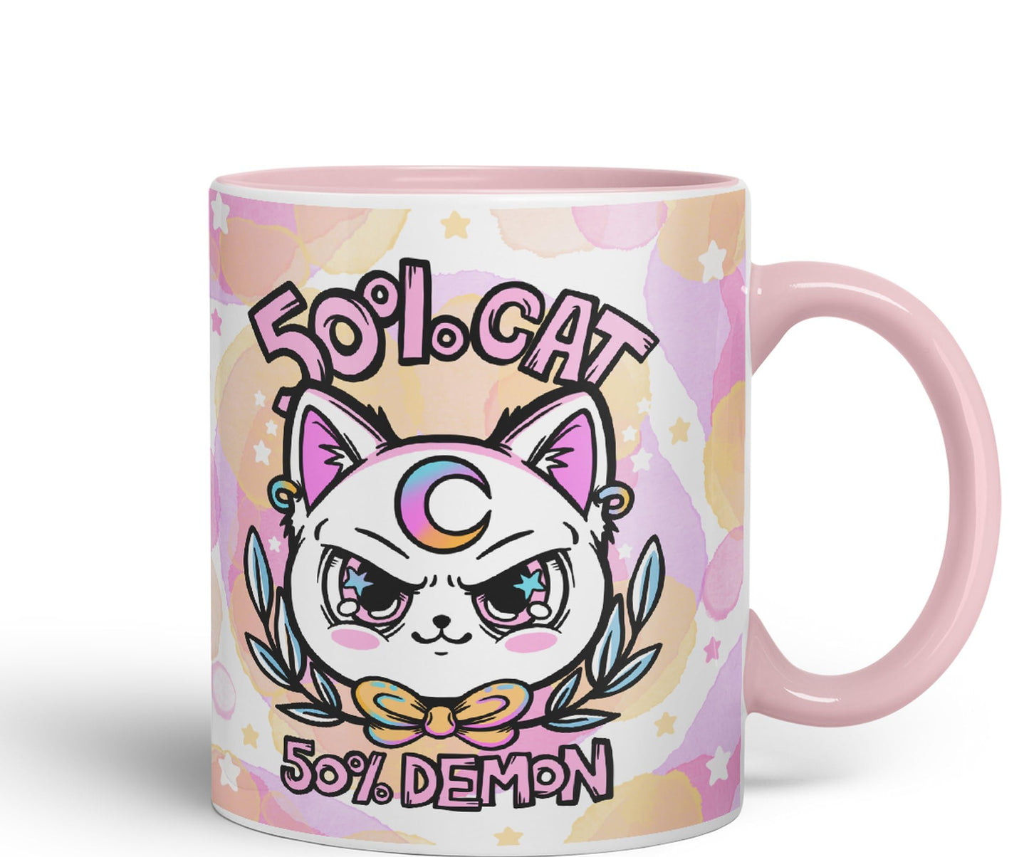 Vixar 50% Cat 50% Demon Cute cat Lovers, Kawaii Joke Coloured Ceramic Mug Cup Gift 330ml 11oz Work Office Tea Coffee