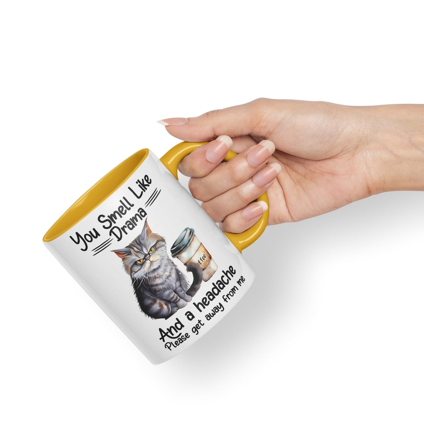 You Smell Like Drama and a Headache Cat Sarcastic Joke Ceramic Coloured Mug Cup for Tea Coffee Hot Brew 330ml 11Oz