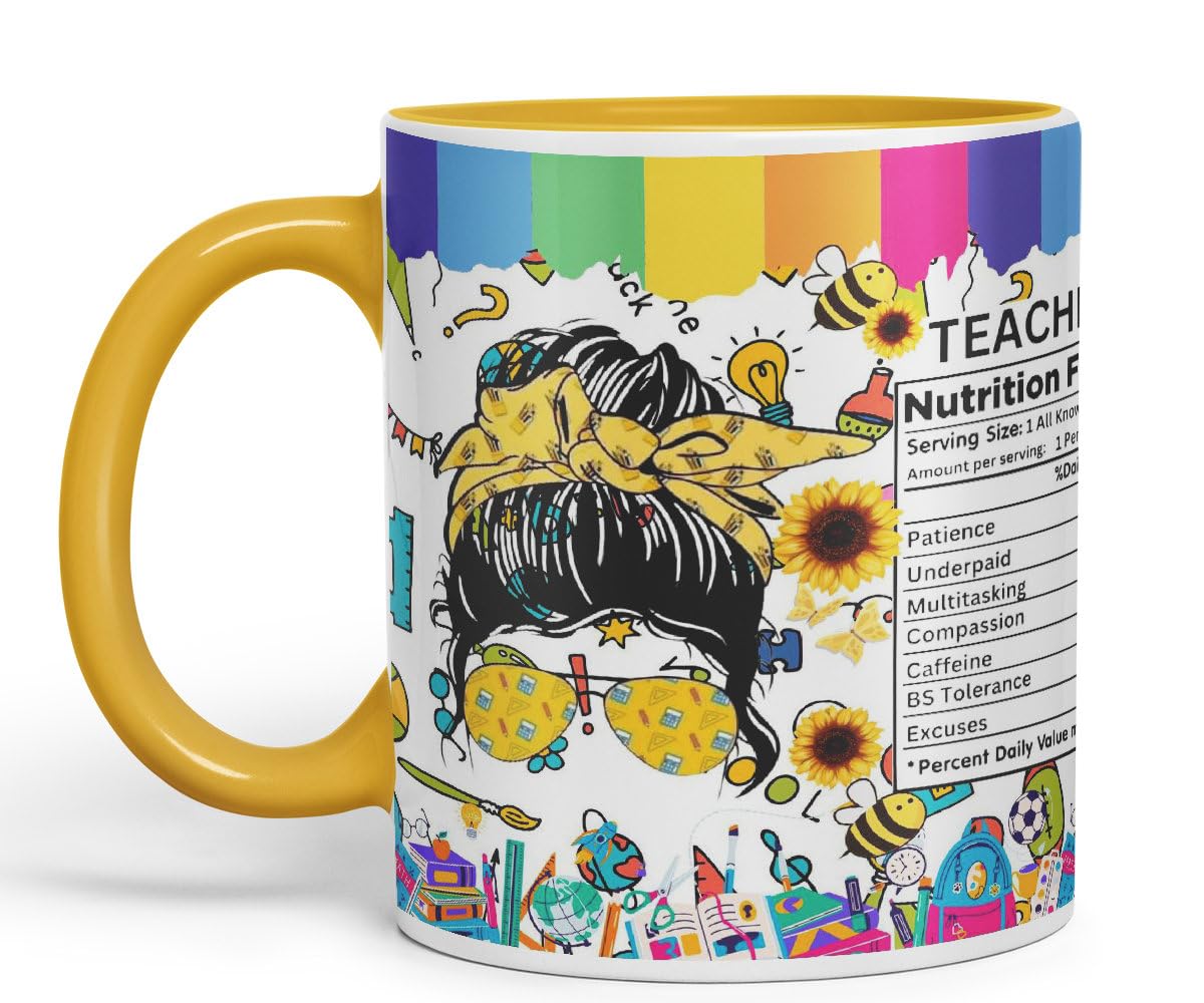 Vixar Teacher Nutrition Facts #teacherlife Mug Thank You, End of School Gift Ceramic Coloured Mug Cup for Tea Coffee Hot Brew 330ml 11Oz Gift TF2