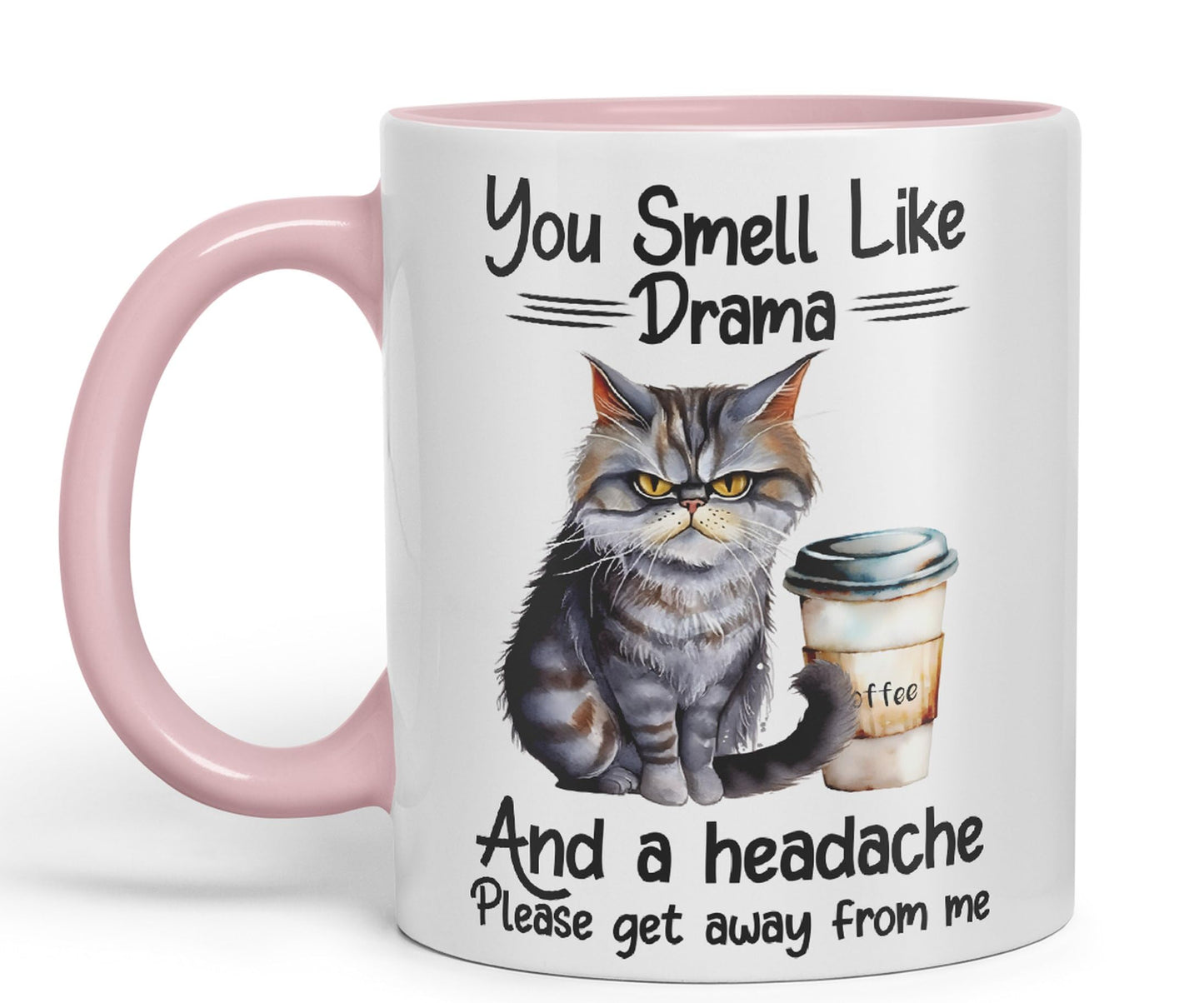 You Smell Like Drama and a Headache Cat Sarcastic Joke Ceramic Coloured Mug Cup for Tea Coffee Hot Brew 330ml 11Oz