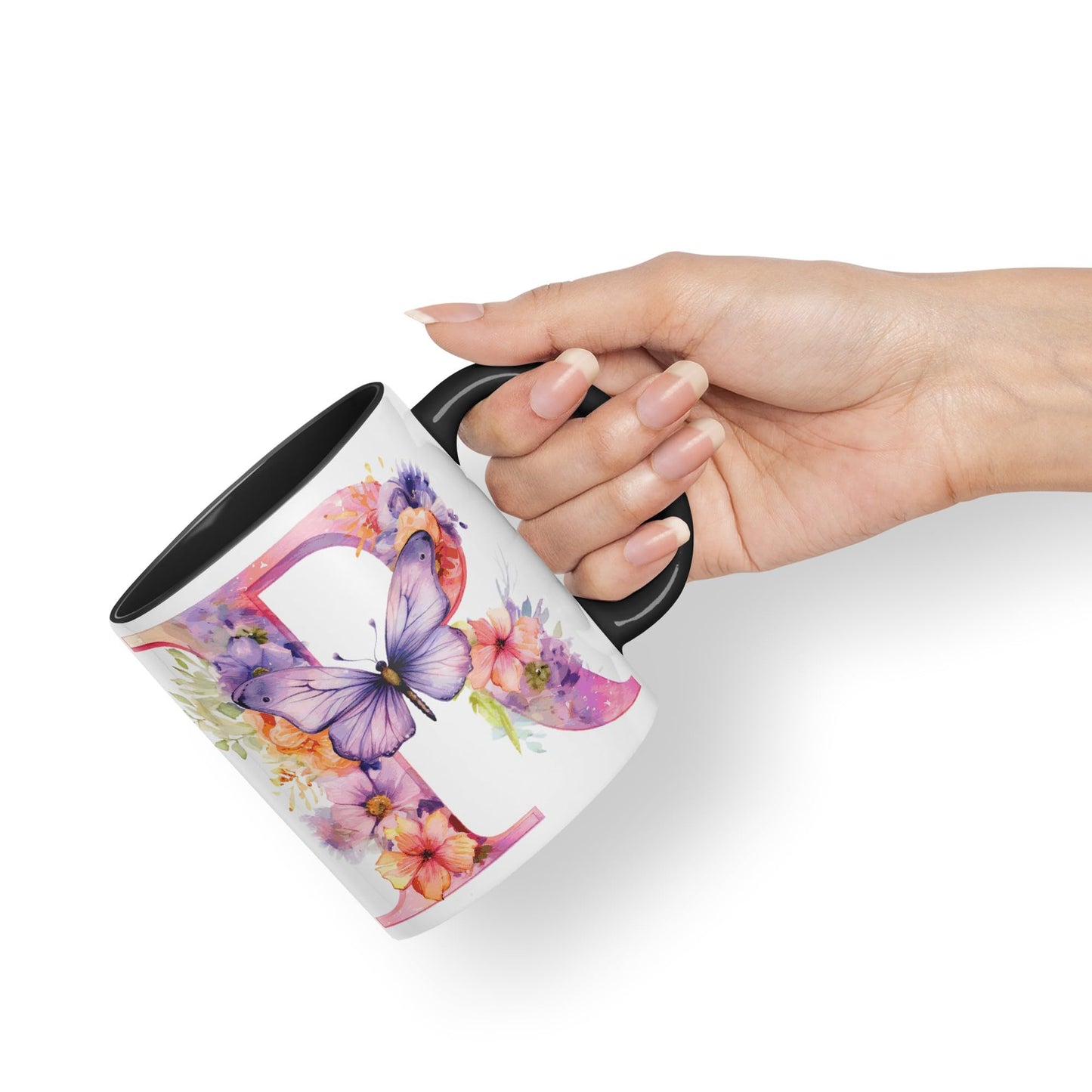 Letter R mug, Floral flowers butterfly Alphabet Letter R Monogram watercolour Ceramic Coloured Mug Cup for Tea Coffee Hot brew 330ml 11Oz Gift