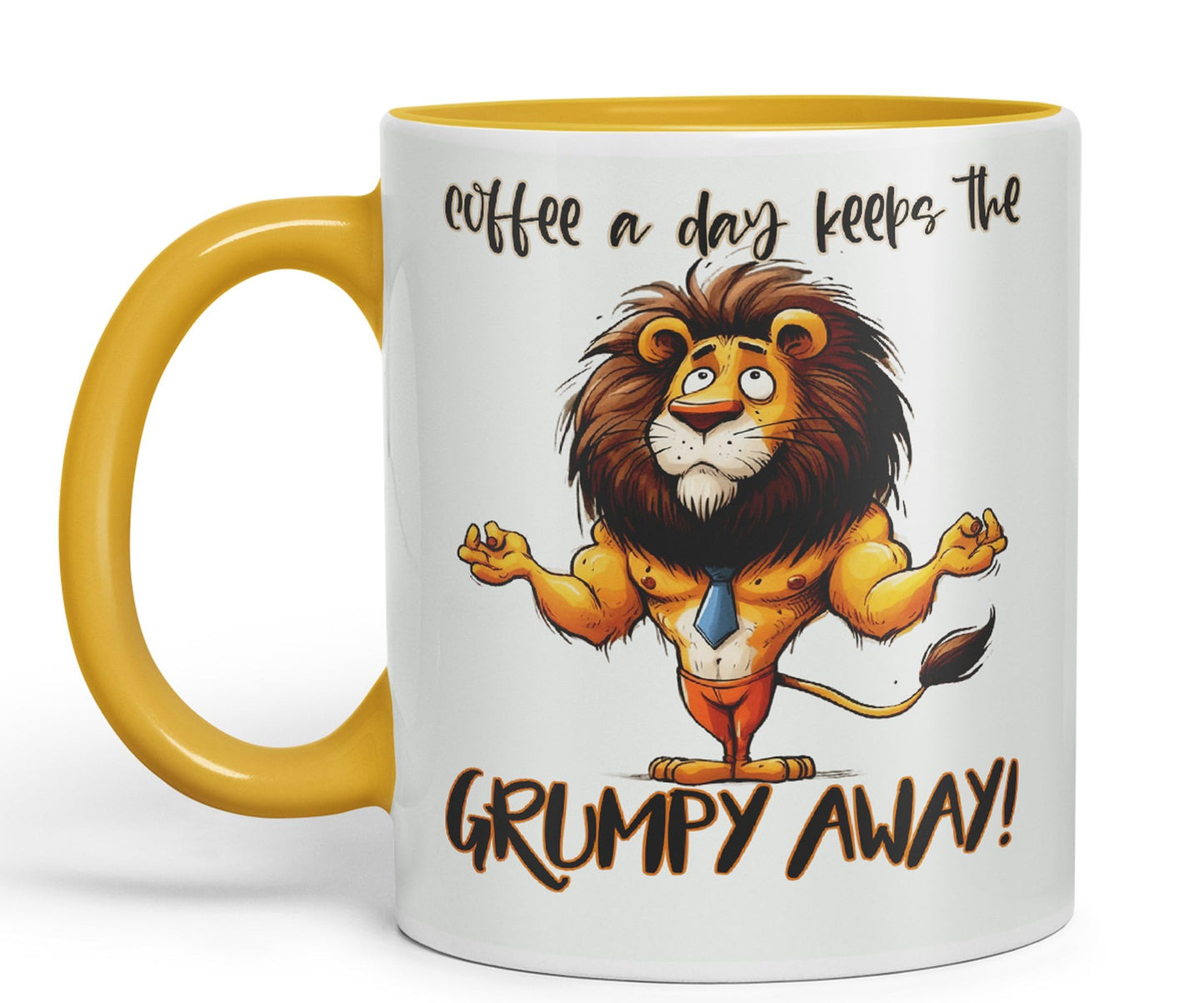 Coffee a Day Keeps The Grumy Away! Lion Joke sarkasm Sarcastic Ceramic Coloured Mug Cup for Tea Coffee Hot Brew 330ml 11Oz Gift