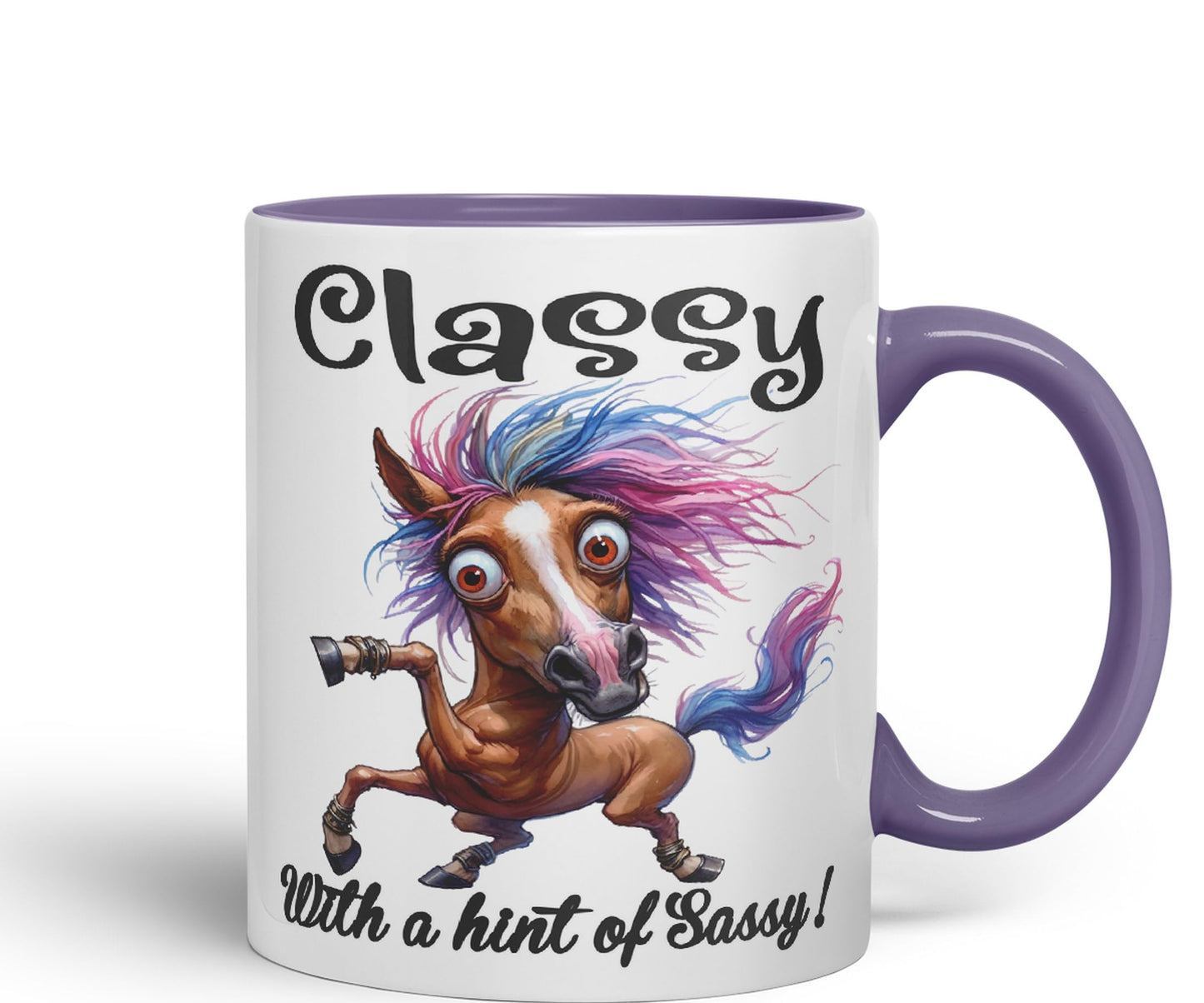 Classy with a hint of Sassy! Horse cat Joke sarkasm Sarcastic Ceramic Coloured Mug Cup for Tea Coffee Hot Brew 330ml 11Oz Gift