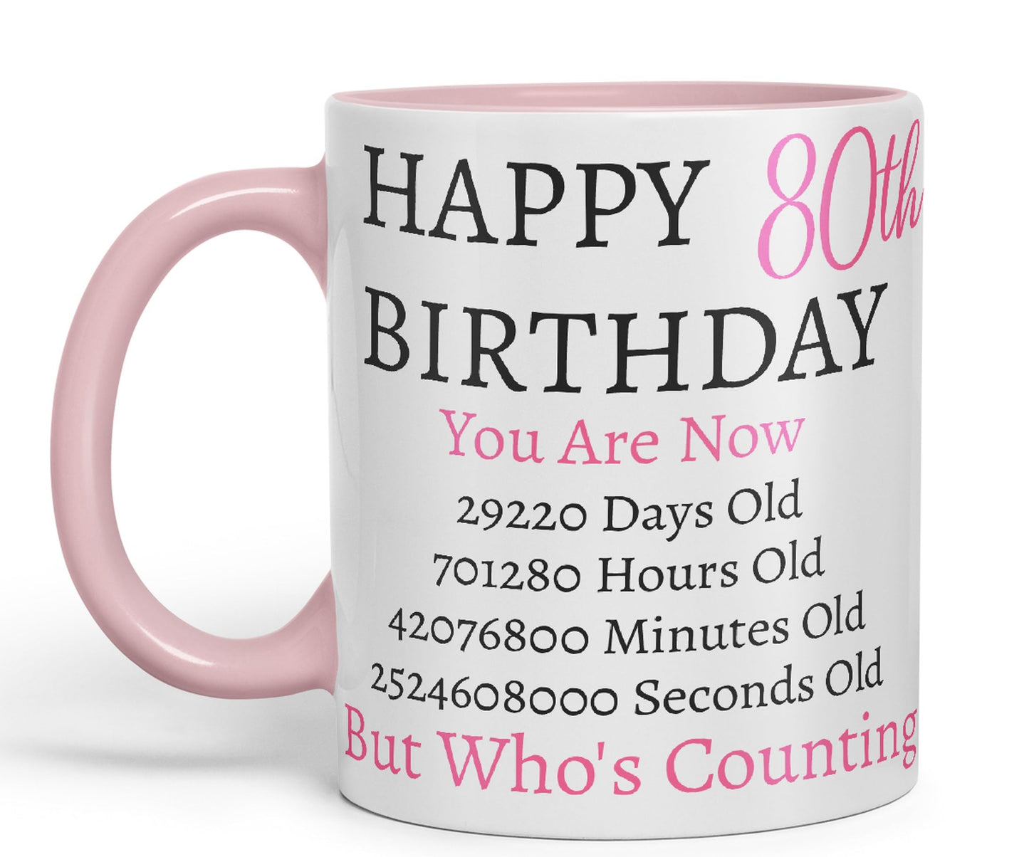 Vixar But Who's Counting Happy 80th Birthday Ceramic Coloured Mug Cup Gift Days Hours Minutes (Pink)