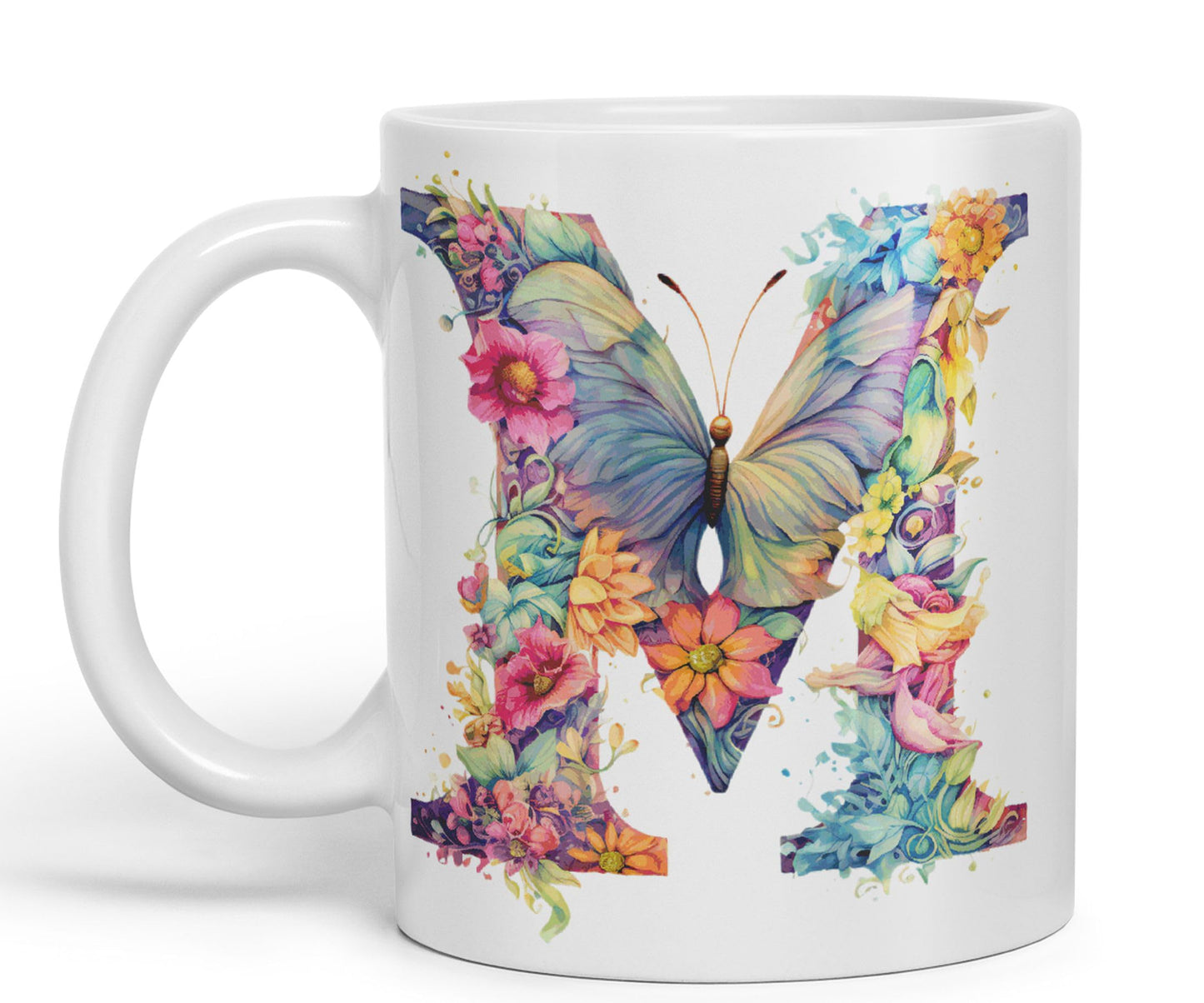 Letter M mug, Floral flowers butterfly Alphabet Letter M Monogram watercolour Ceramic Coloured Mug Cup for Tea Coffee Hot brew 330ml 11Oz Gift