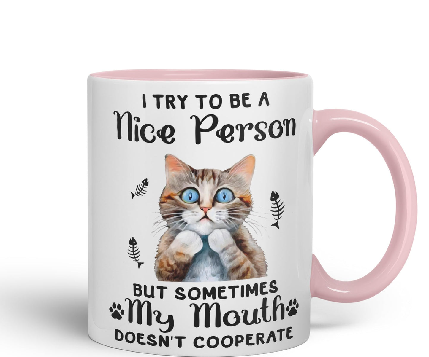 Vixar I Try to be a Nice Person but Sometimes My Mouth .. Cats Sarcastic Joke Ceramic Coloured Mug Cup for Tea Coffee Hot Brew 330ml 11Oz