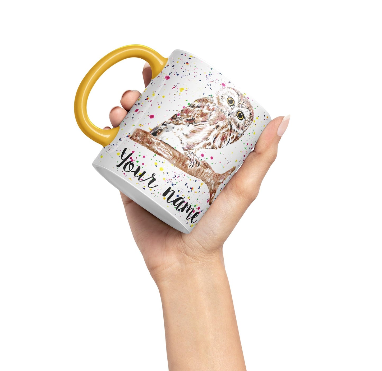 Vixar Personalised with Your Text Owl Bird Watercolour Art Coloured Ceramic Mug Cup Gift 330ml 11oz Custom Work Office Tea Coffee (O2)