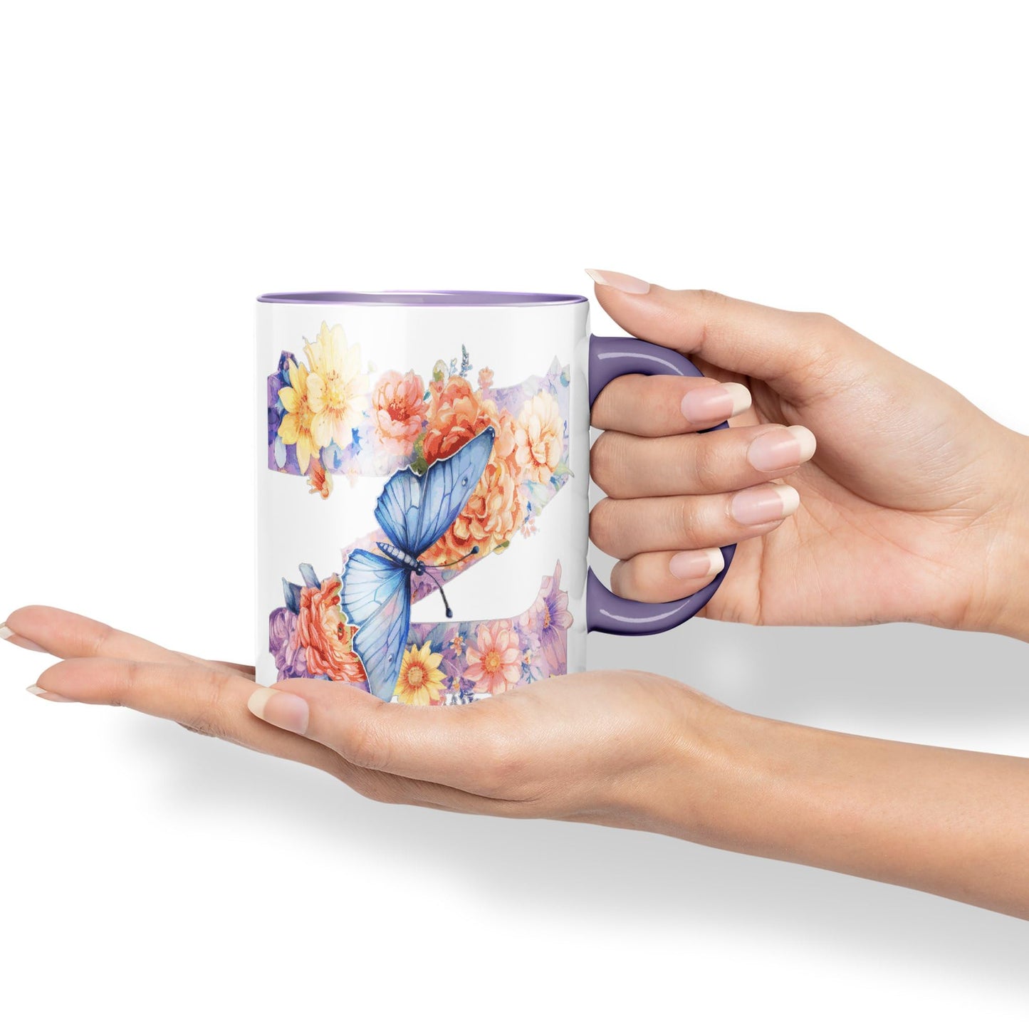 Letter Z mug, Floral flowers butterfly Alphabet Letter Z Monogram watercolour Ceramic Coloured Mug Cup for Tea Coffee Hot brew 330ml 11Oz Gift