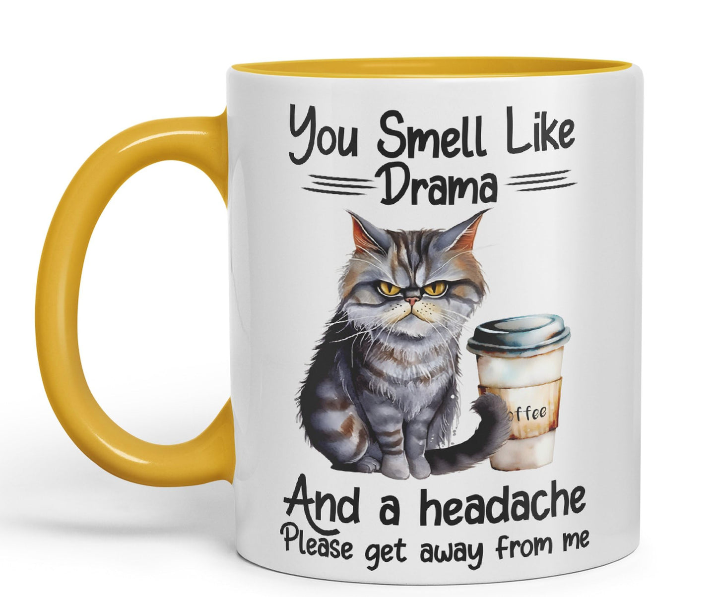 You Smell Like Drama and a Headache Cat Sarcastic Joke Ceramic Coloured Mug Cup for Tea Coffee Hot Brew 330ml 11Oz