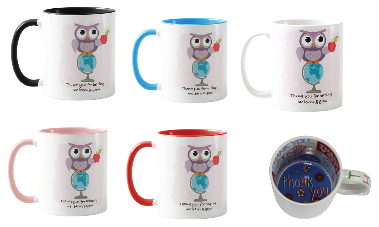 Teacher Owl Mug, Thank You for Helping me Learn & Grow Teacher Gift from Kids, School Gift, end of Year, Pink Design