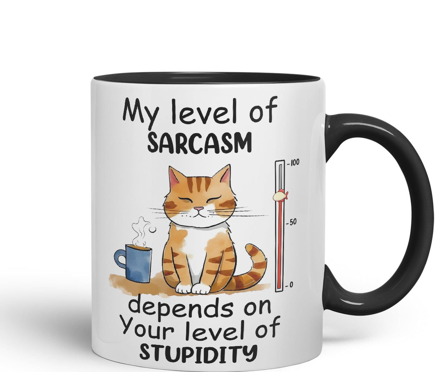 My Level of Sarcasm Depends on Your Level of Stupidity Cat Joke Ceramic Coloured Mug Cup for Tea Coffee Hot Brew 330ml 11Oz