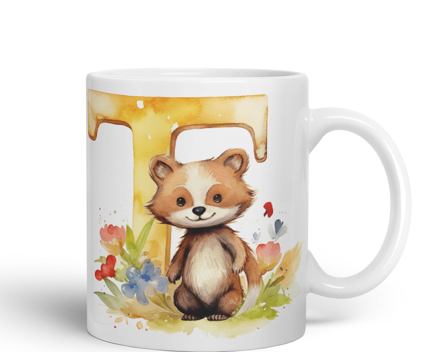 Letter T mug, Animals Alphabet Letter T Monogram animal for kids Ceramic Coloured Mug Cup for Tea Coffee Hot brew 330ml 11Oz Gift
