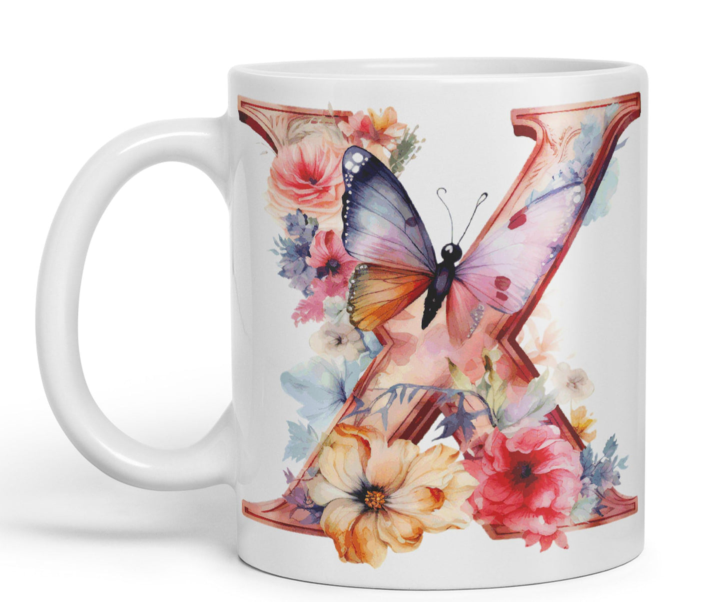 Letter X mug, Floral flowers butterfly Alphabet Letter X Monogram watercolour Ceramic Coloured Mug Cup for Tea Coffee Hot brew 330ml 11Oz Gift