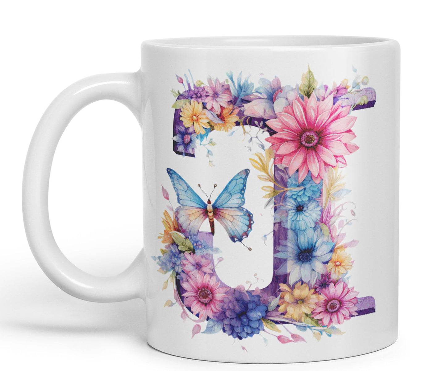 Letter J mug, Floral flowers butterfly Alphabet Letter J Monogram watercolour Ceramic Coloured Mug Cup for Tea Coffee Hot brew 330ml 11Oz Gift
