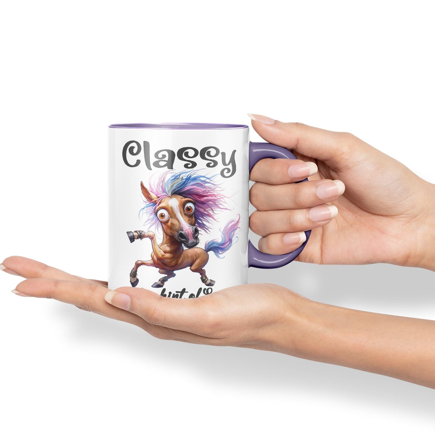 Classy with a hint of Sassy! Horse cat Joke sarkasm Sarcastic Ceramic Coloured Mug Cup for Tea Coffee Hot Brew 330ml 11Oz Gift