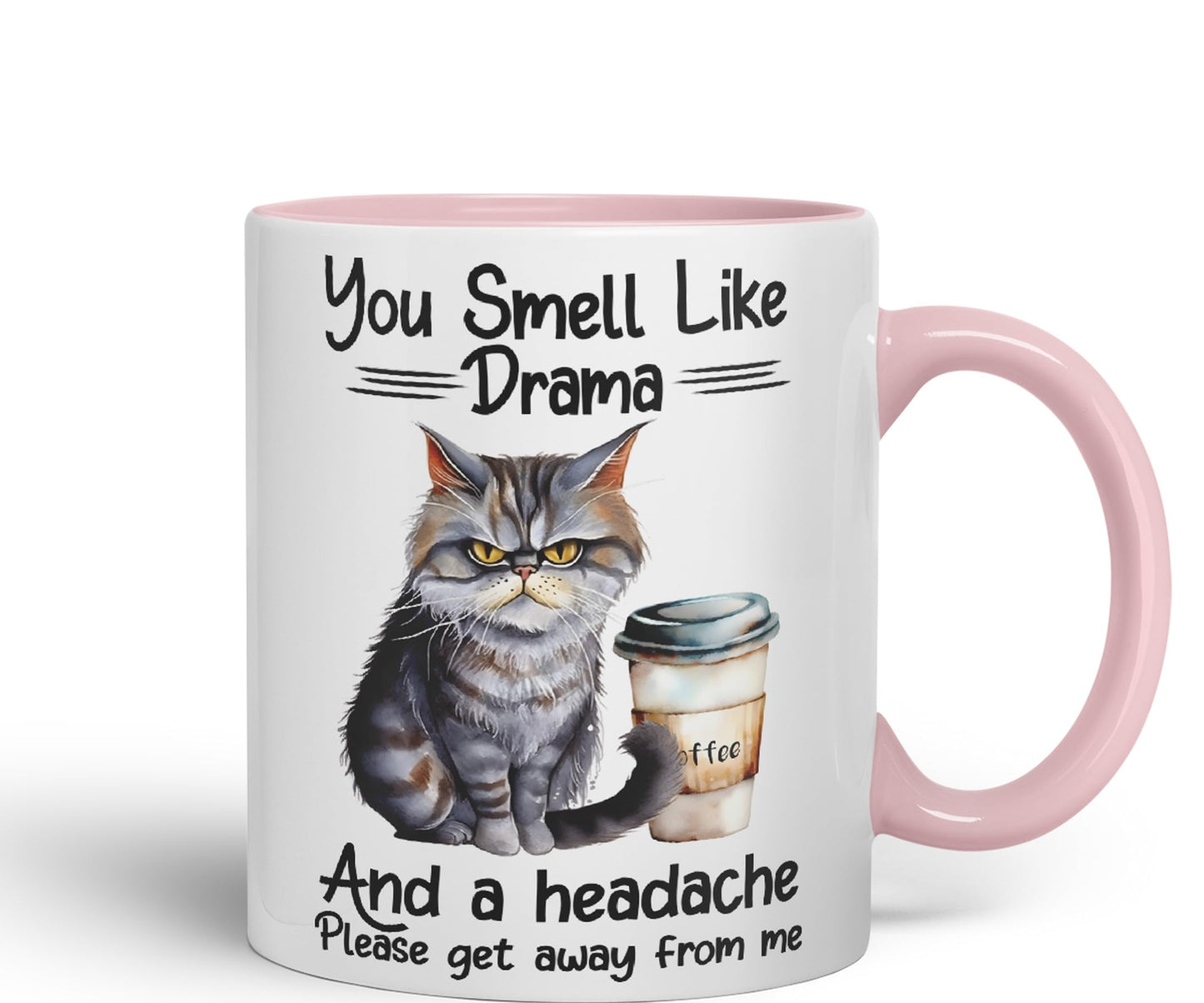You Smell Like Drama and a Headache Cat Sarcastic Joke Ceramic Coloured Mug Cup for Tea Coffee Hot Brew 330ml 11Oz