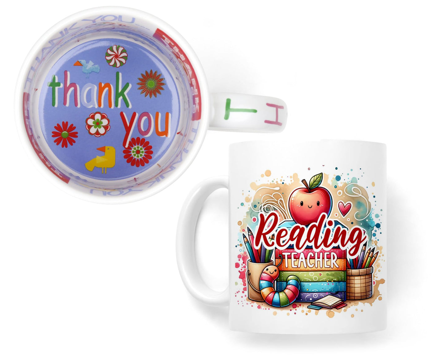 Vixar Reading Teacher Mug Thank You, End of School Gift Ceramic Coloured Mug Cup for Tea Coffee Hot Brew 330ml 11Oz Gift