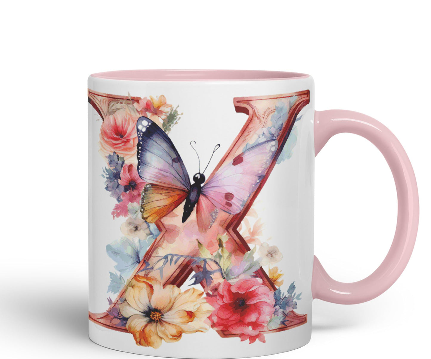 Letter X mug, Floral flowers butterfly Alphabet Letter X Monogram watercolour Ceramic Coloured Mug Cup for Tea Coffee Hot brew 330ml 11Oz Gift