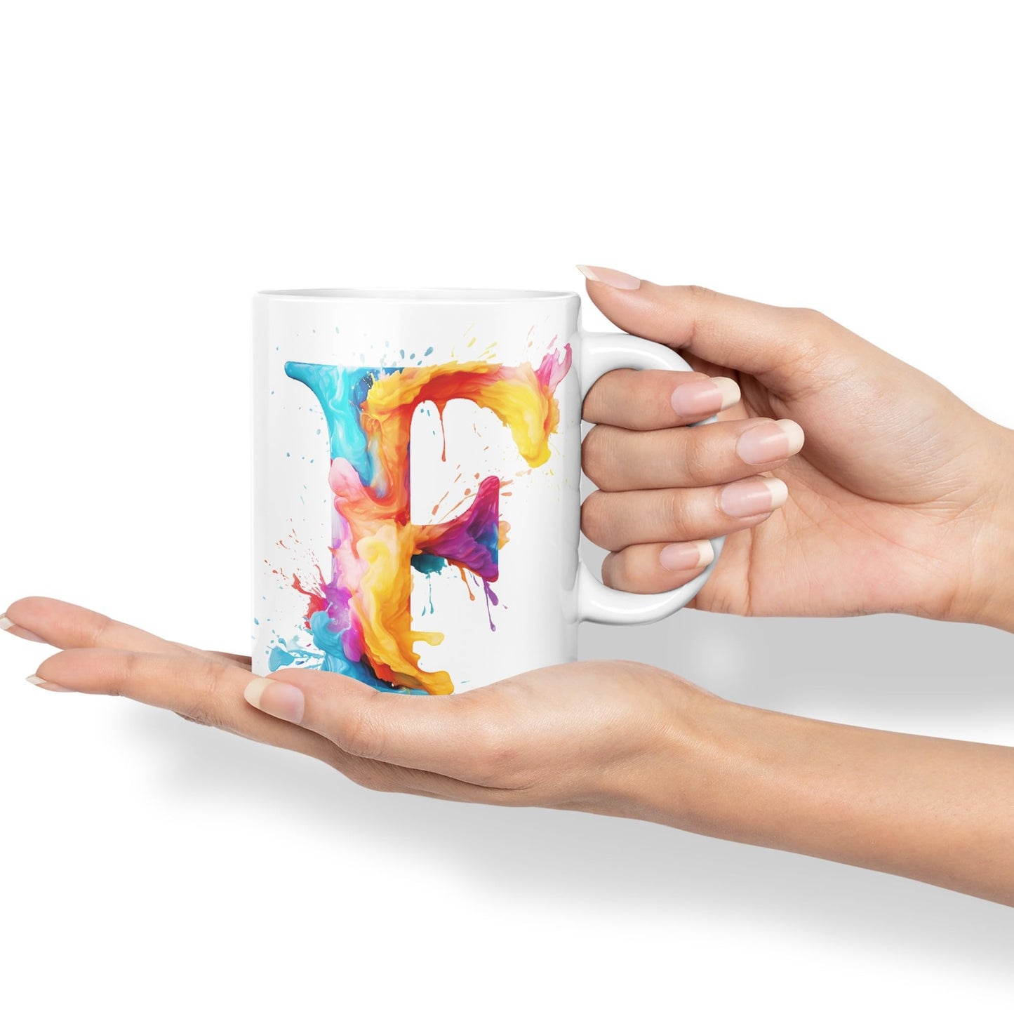Letter F mug, Alphabet Letter F Monogram watercolour Ceramic Coloured Mug Cup for Tea Coffee Hot brew 330ml 11Oz Gift