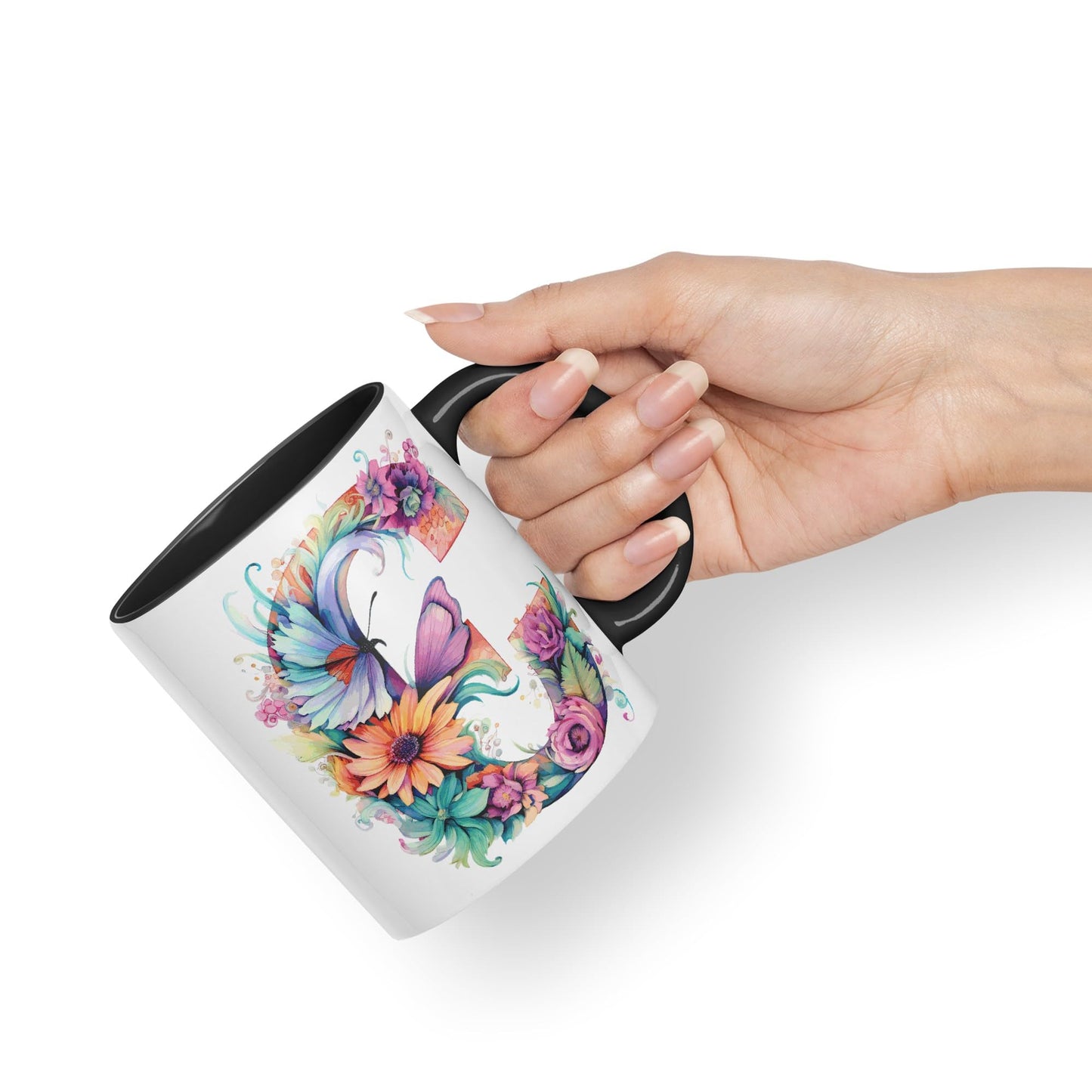 Letter C mug, Floral flowers butterfly Alphabet Letter C Monogram watercolour Ceramic Coloured Mug Cup for Tea Coffee Hot brew 330ml 11Oz Gift