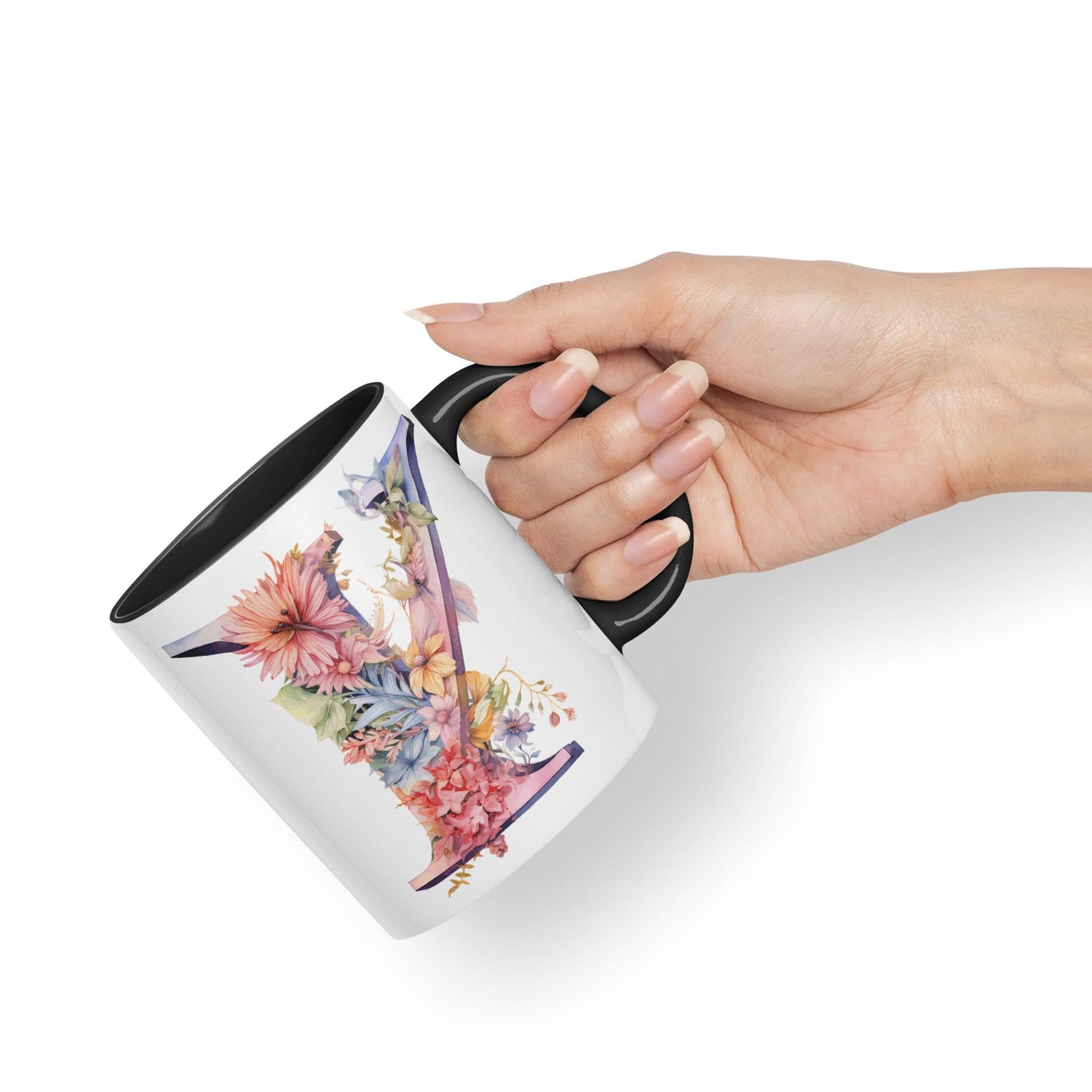 Letter Y mug, Floral flowers butterfly Alphabet Letter Y Monogram watercolour Ceramic Coloured Mug Cup for Tea Coffee Hot brew 330ml 11Oz Gift